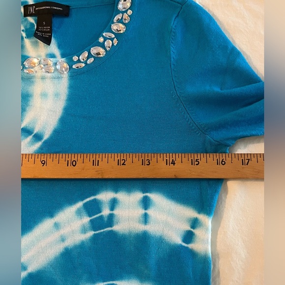 INC Women’s Turquoise Top, w/Bling Neckline 3/4 Sleeve Tie Dye Spirals; Size S - Picture 6 of 7